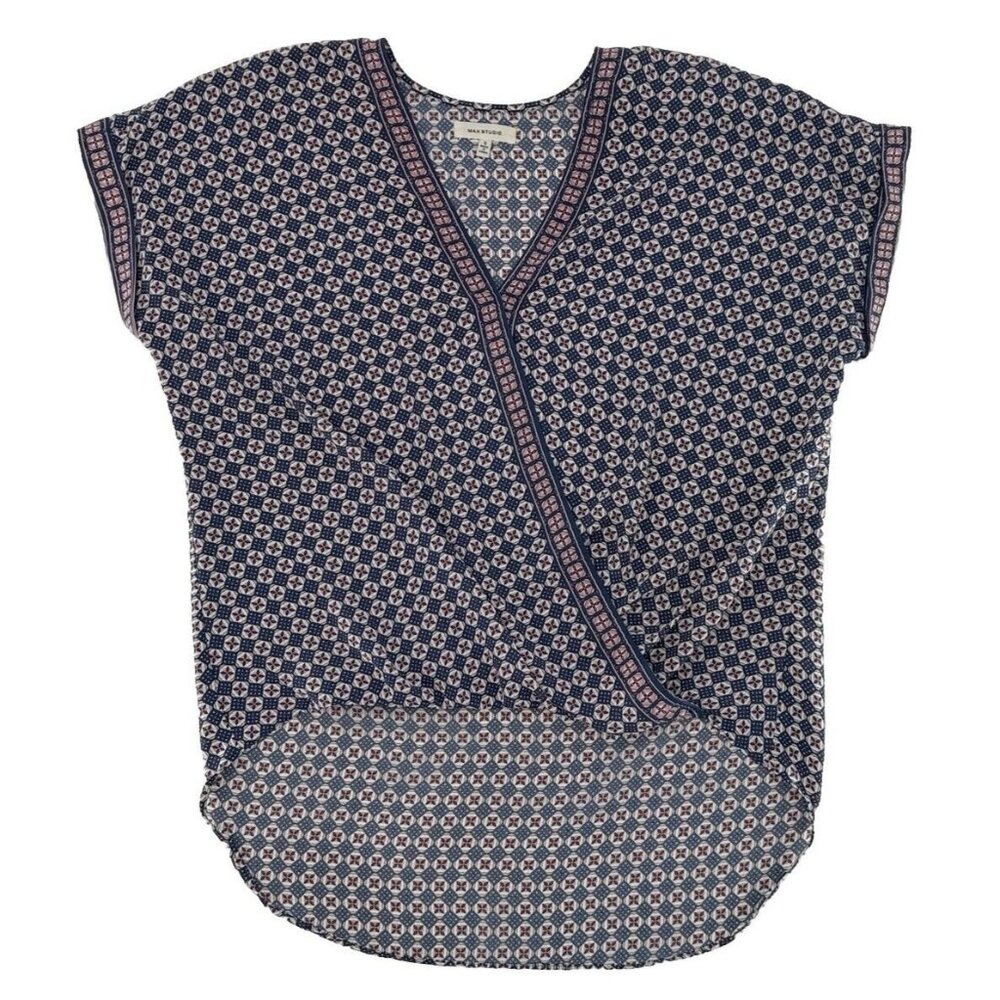 Max Studio Blue & Pink Faux Wrap Hi Low Chiffon Blouse‎ Sm, Boho, Preppy, Office